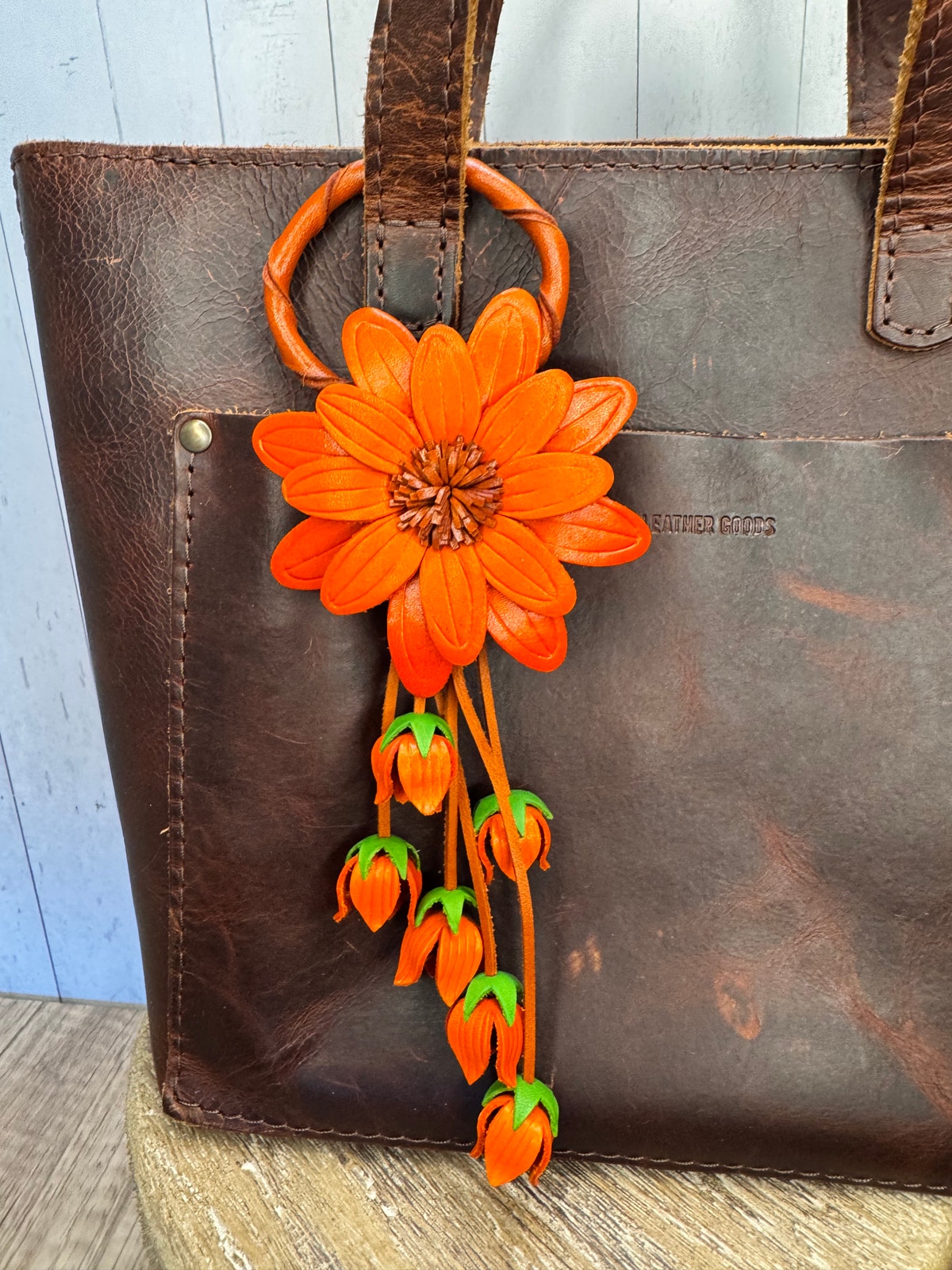 Fall Orange Leather Purse Charm Genuine Leather Orange Autumn Flower Bag Charm
